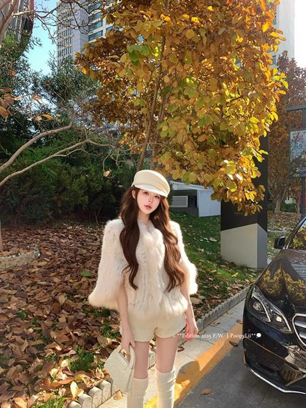 PoopyLii Lotus Pink Fox Fur Woven V-neck Long Sleeve Women's Rabbit Fur Cape Coats