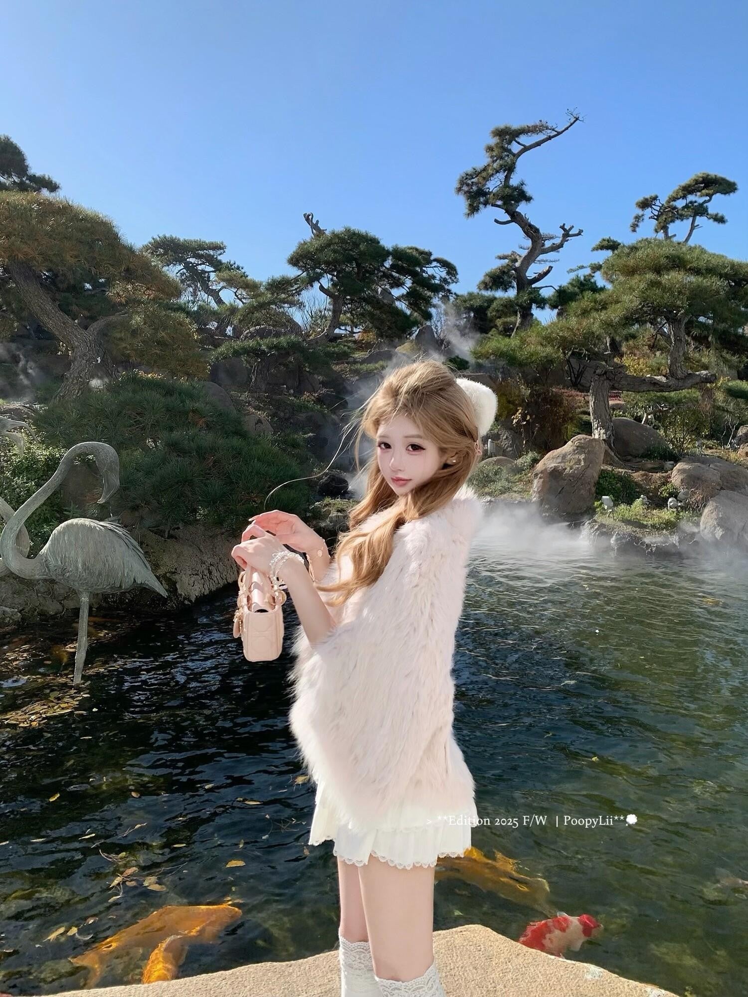 PoopyLii Lotus Pink Fox Fur Woven V-neck Long Sleeve Women's Rabbit Fur Cape Coats