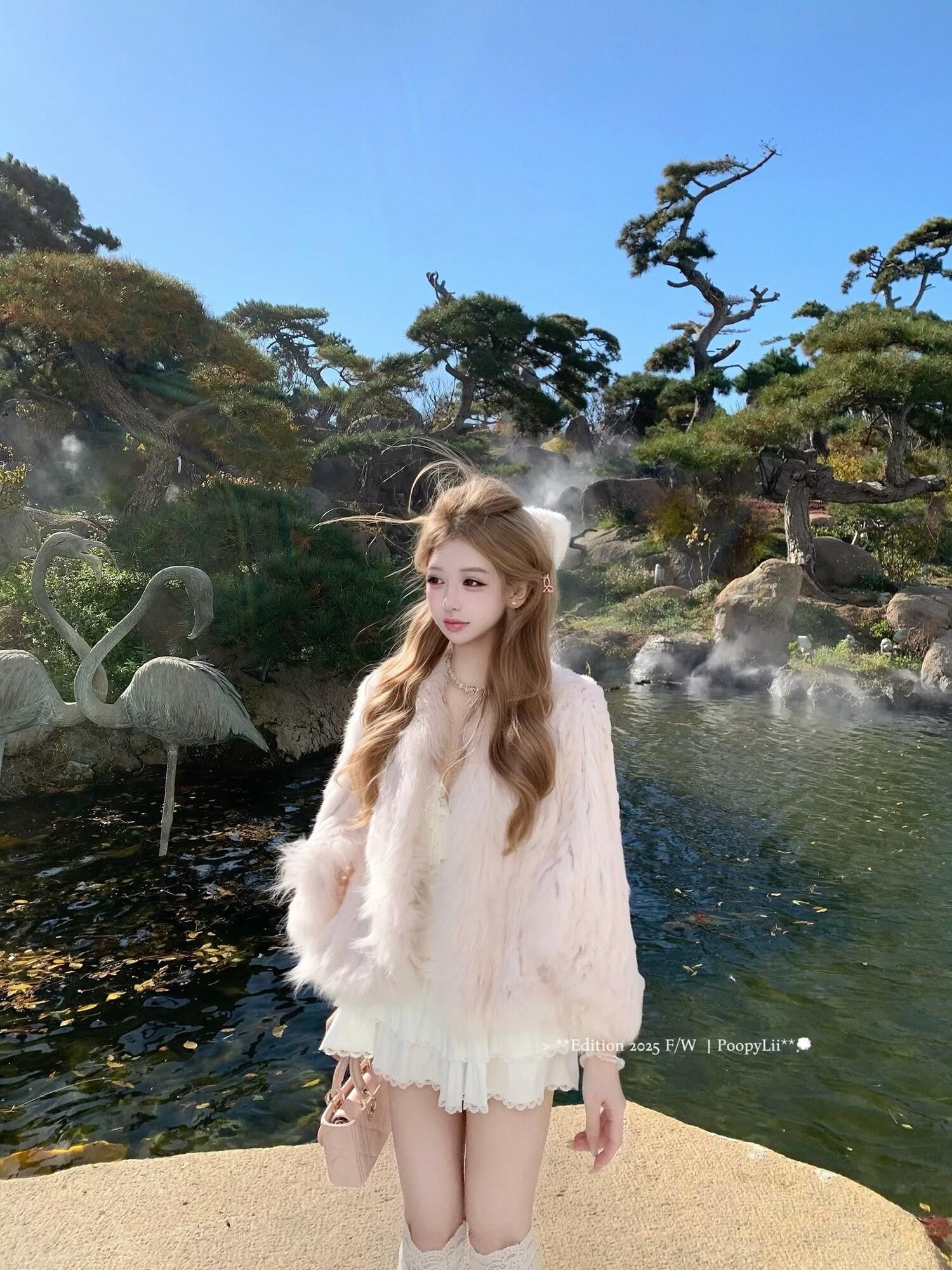 PoopyLii Lotus Pink Fox Fur Woven V-neck Long Sleeve Women's Rabbit Fur Cape Coats
