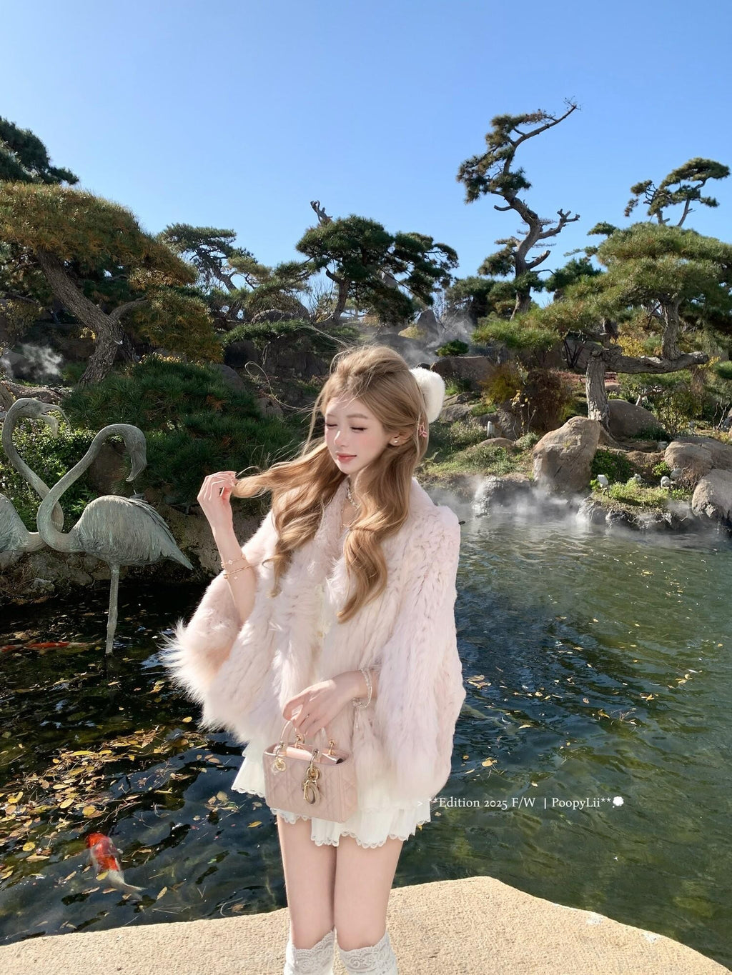 PoopyLii Lotus Pink Fox Fur Woven V-neck Long Sleeve Women's Rabbit Fur Cape Coats