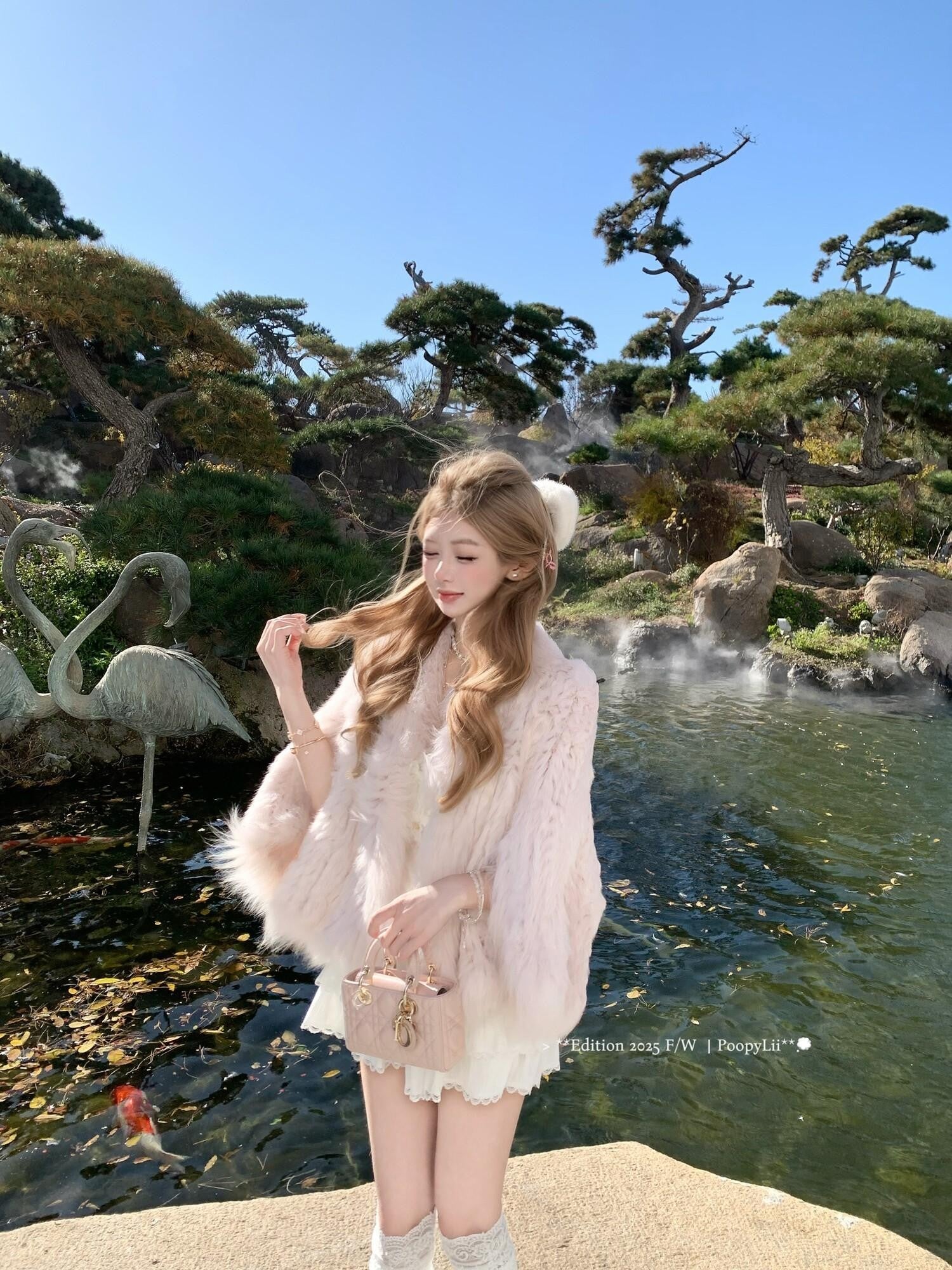 PoopyLii Lotus Pink Fox Fur Woven V-neck Long Sleeve Women's Rabbit Fur Cape Coats