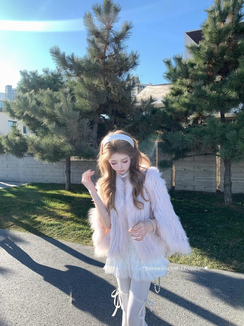 PoopyLii Lotus Pink Fox Fur Woven V-neck Long Sleeve Women's Rabbit Fur Cape Coats
