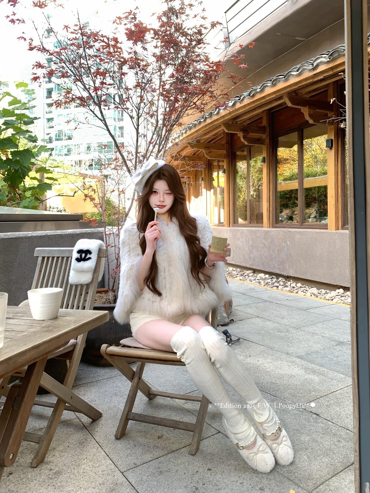 PoopyLii Lotus Pink Fox Fur Woven V-neck Long Sleeve Women's Rabbit Fur Cape Coats