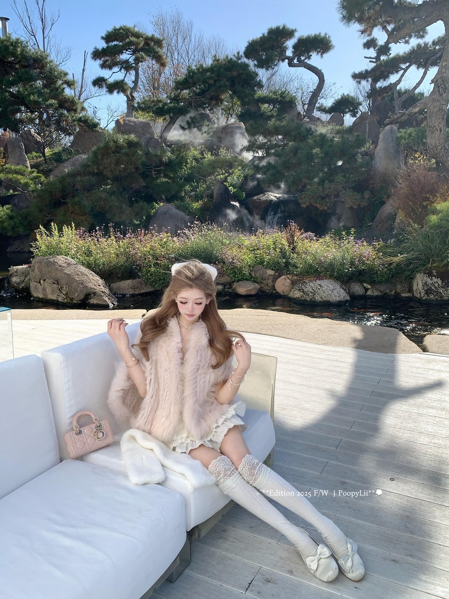 PoopyLii Lotus Pink Fox Fur Woven V-neck Long Sleeve Women's Rabbit Fur Cape Coats