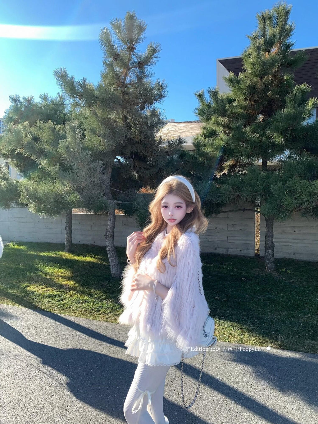 PoopyLii Lotus Pink Fox Fur Woven V-neck Long Sleeve Women's Rabbit Fur Cape Coats
