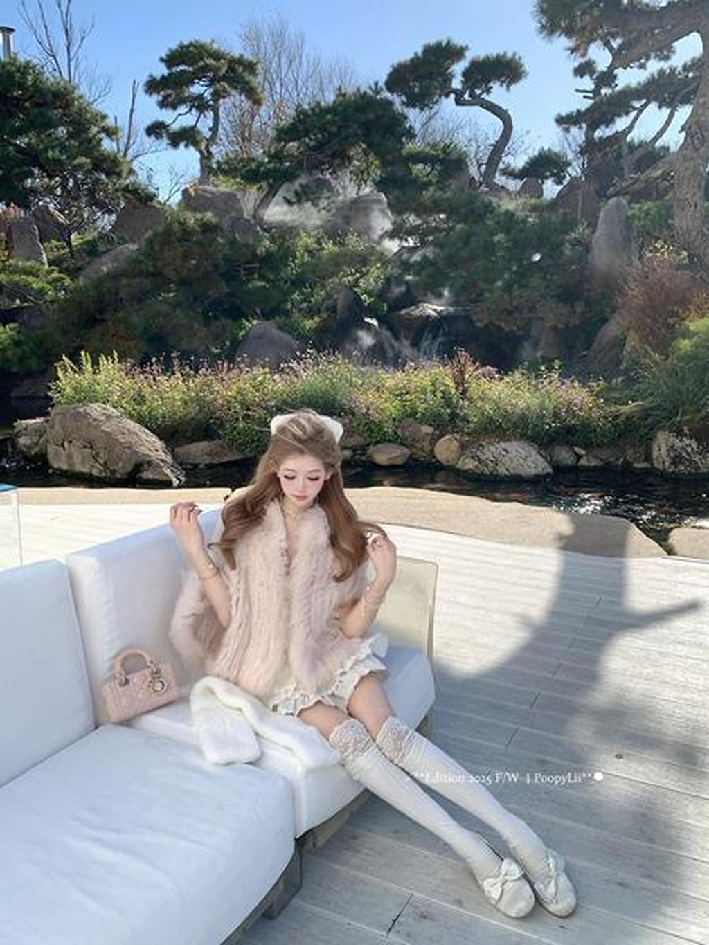 PoopyLii Lotus Pink Fox Fur Woven V-neck Long Sleeve Women's Rabbit Fur Cape Coats
