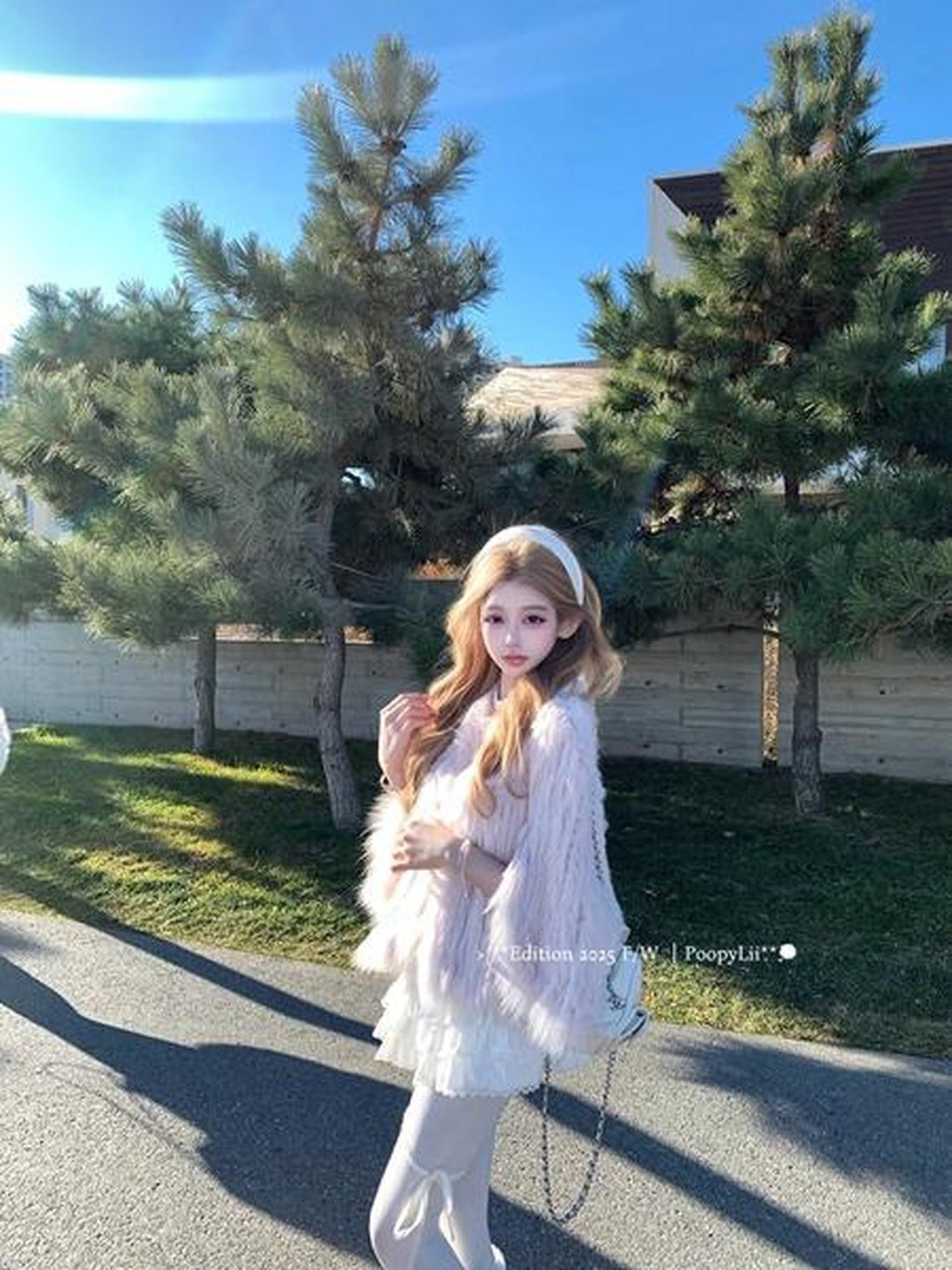 PoopyLii Lotus Pink Fox Fur Woven V-neck Long Sleeve Women's Rabbit Fur Cape Coats