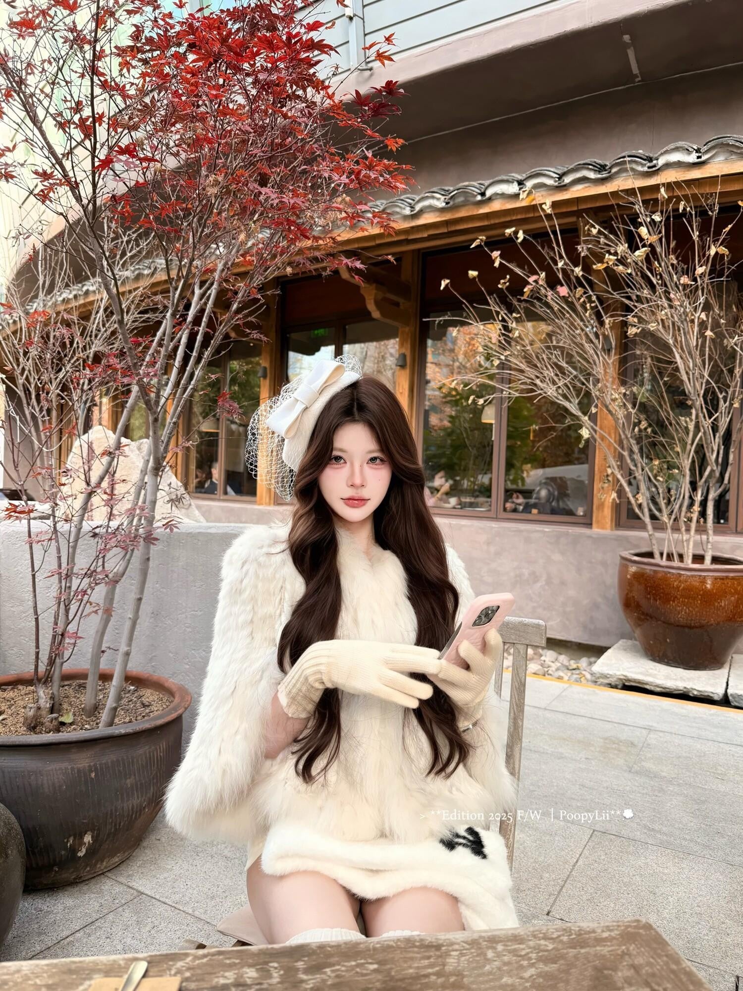 PoopyLii Lotus Pink Fox Fur Woven V-neck Long Sleeve Women's Rabbit Fur Cape Coats