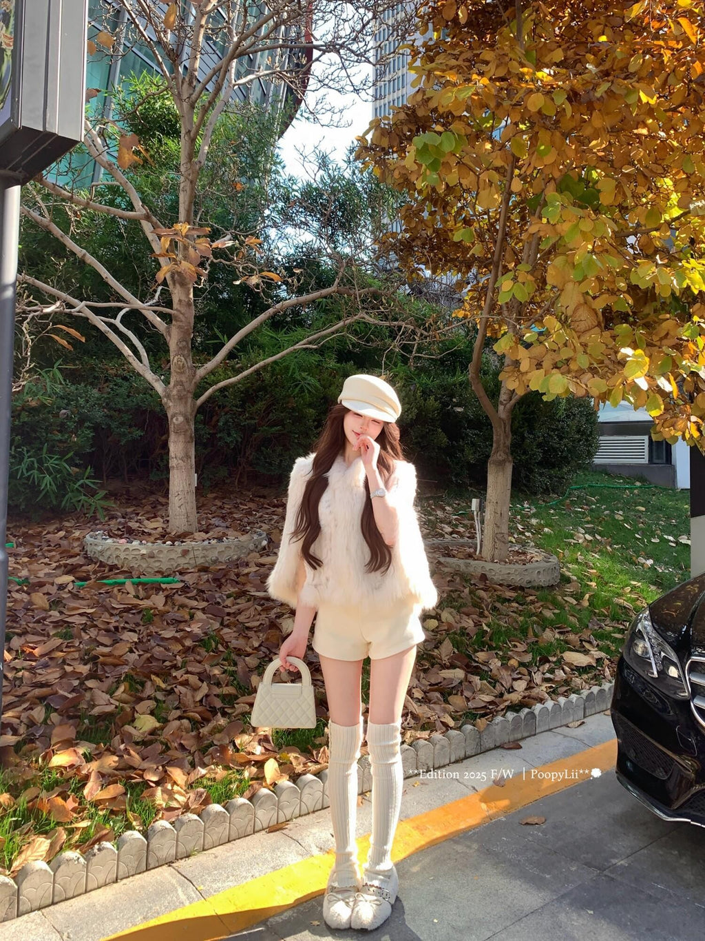 PoopyLii Lotus Pink Fox Fur Woven V-neck Long Sleeve Women's Rabbit Fur Cape Coats