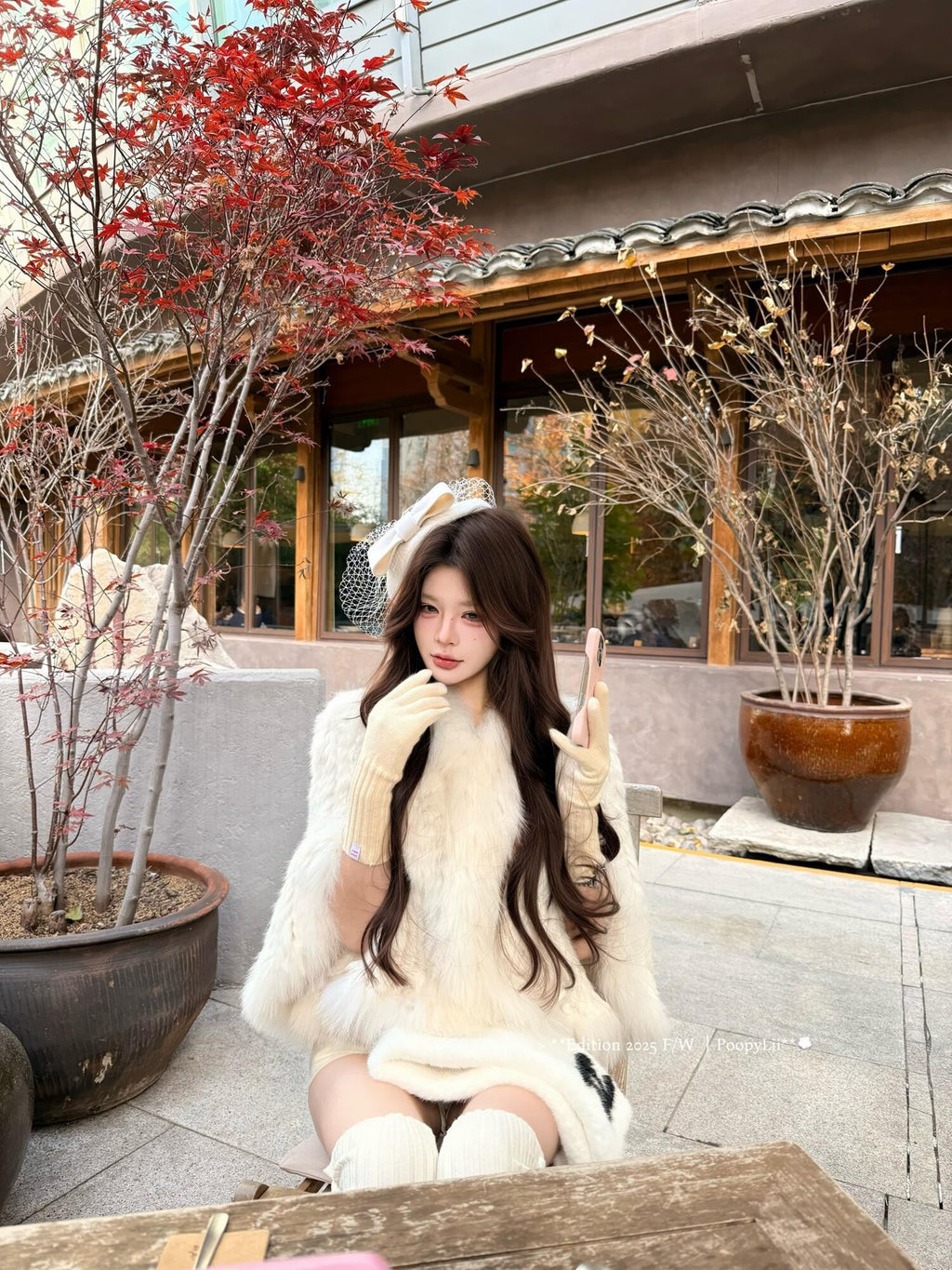 PoopyLii Lotus Pink Fox Fur Woven V-neck Long Sleeve Women's Rabbit Fur Cape Coats