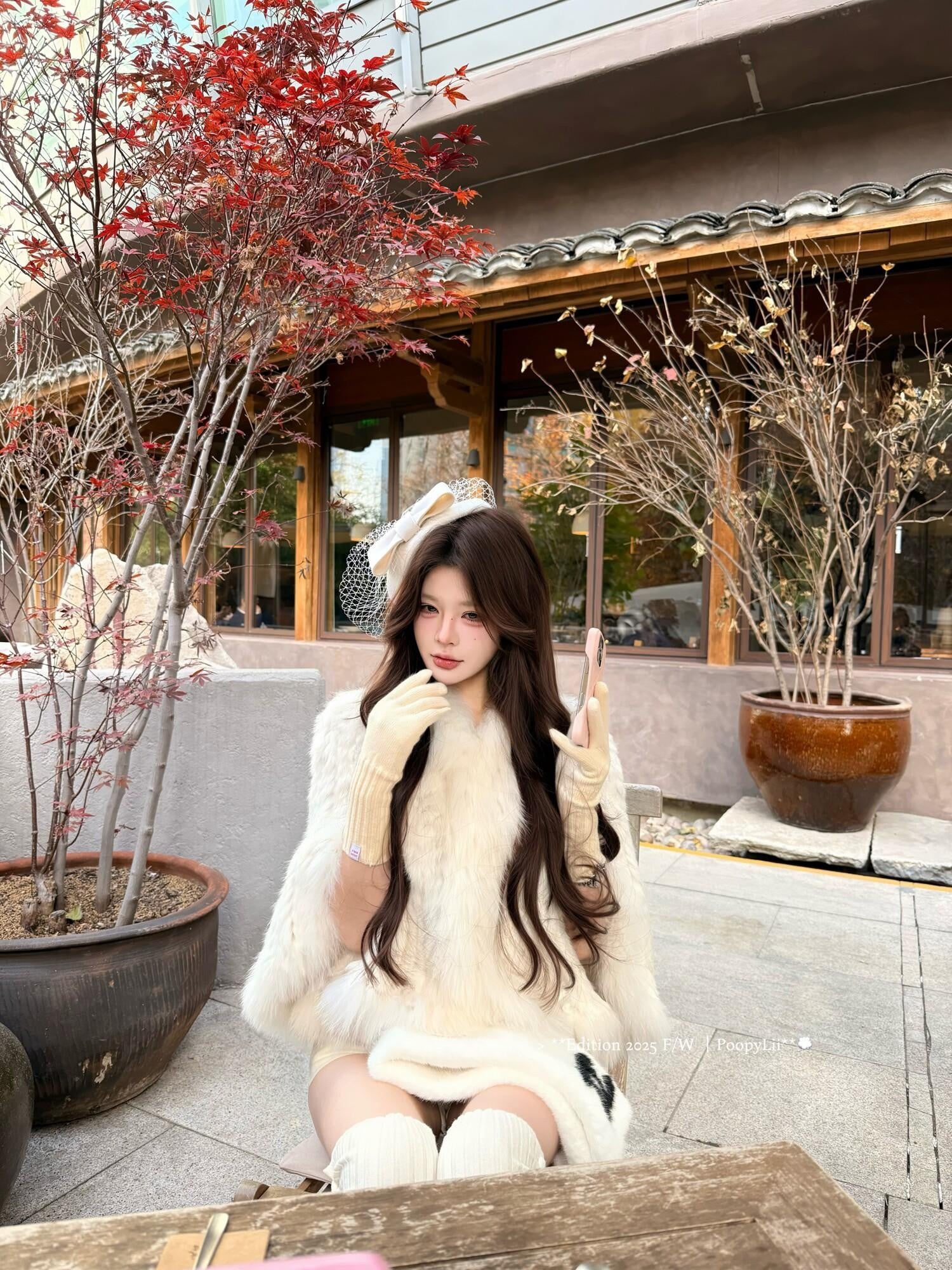 PoopyLii Lotus Pink Fox Fur Woven V-neck Long Sleeve Women's Rabbit Fur Cape Coats