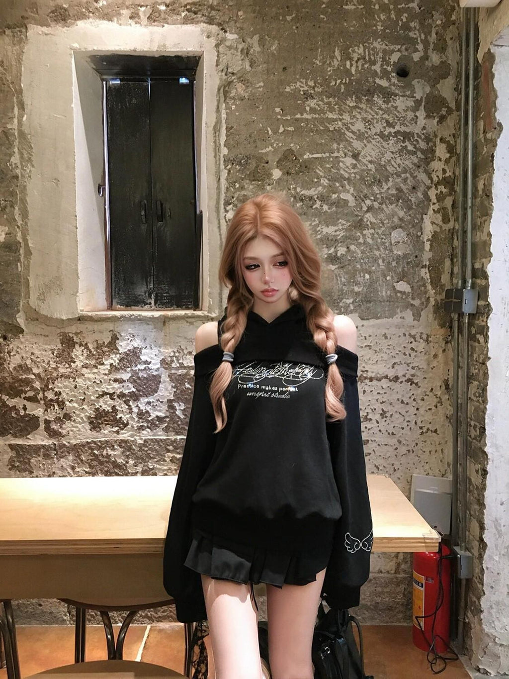 PoopyLii Midnight Mousse Off Shoulder Hooded Faux Layered Women's Long Sleeve T-shirts