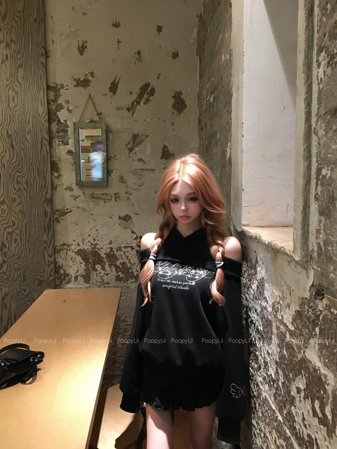 PoopyLii Midnight Mousse Off Shoulder Hooded Faux Layered Women's Long Sleeve T-shirts