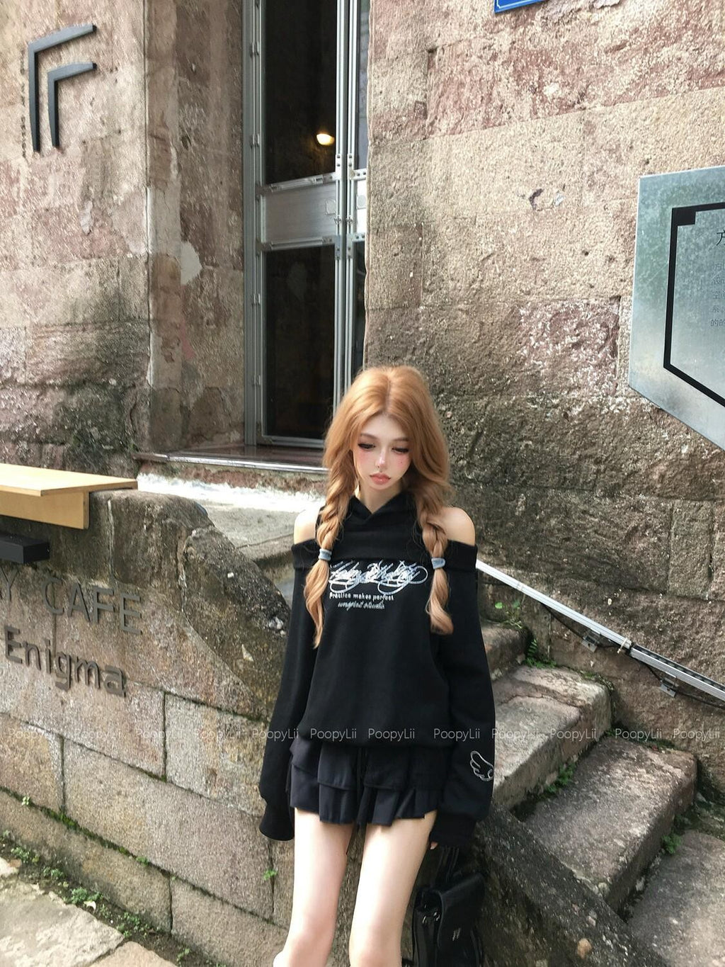PoopyLii Midnight Mousse Off Shoulder Hooded Faux Layered Women's Long Sleeve T-shirts