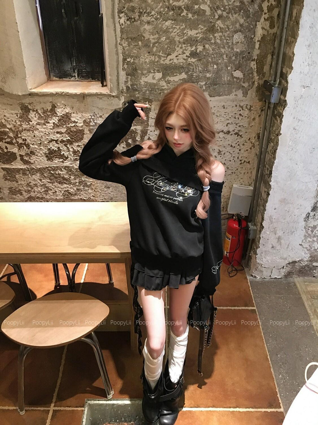 PoopyLii Midnight Mousse Off Shoulder Hooded Faux Layered Women's Long Sleeve T-shirts