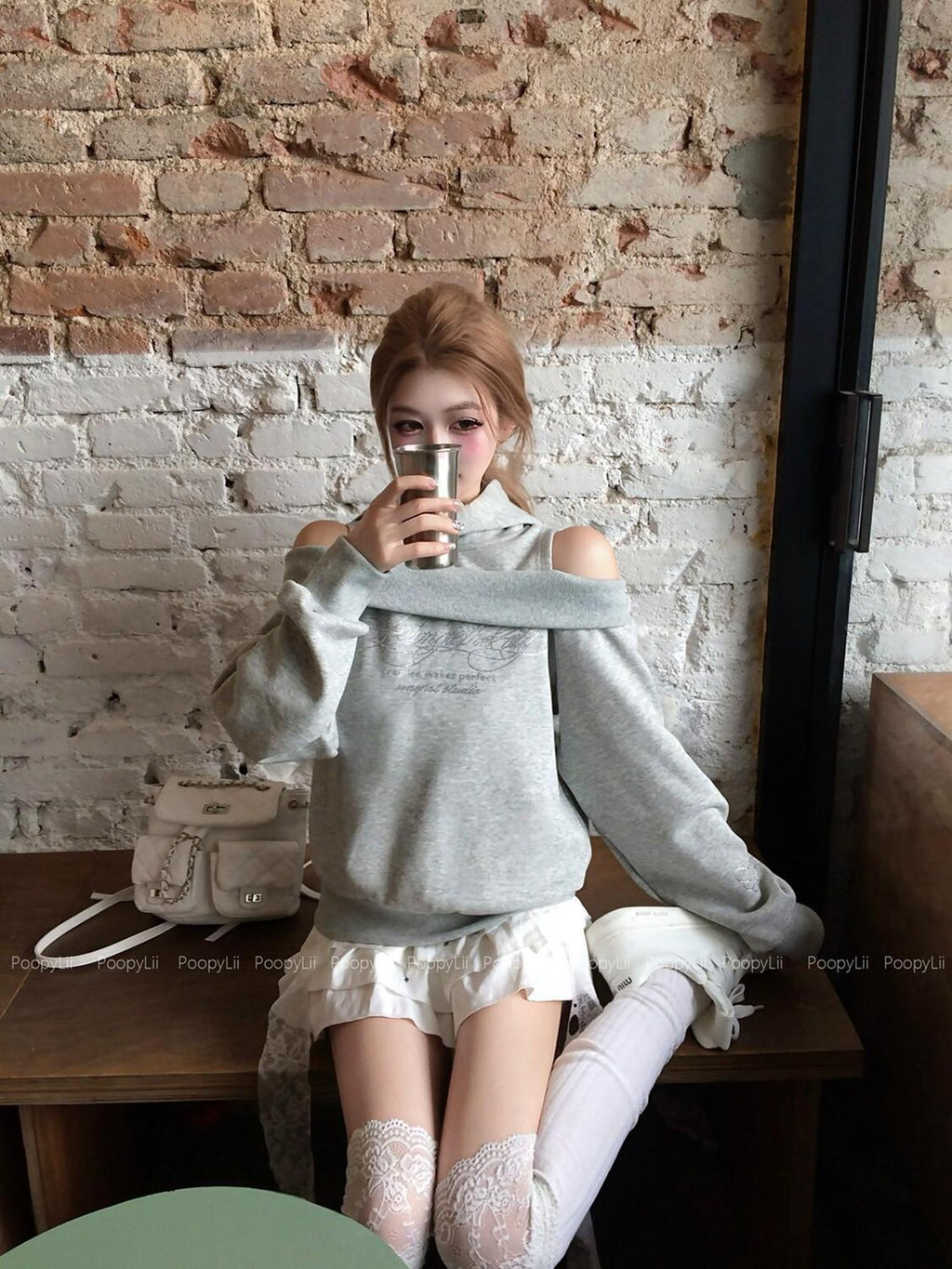 PoopyLii Midnight Mousse Off Shoulder Hooded Faux Layered Women's Long Sleeve T-shirts