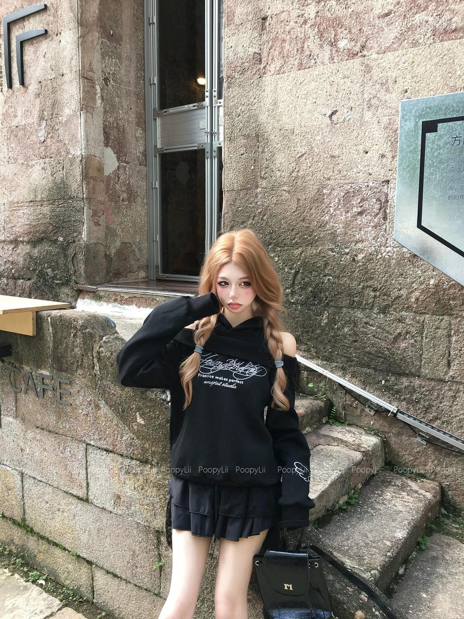 PoopyLii Midnight Mousse Off Shoulder Hooded Faux Layered Women's Long Sleeve T-shirts