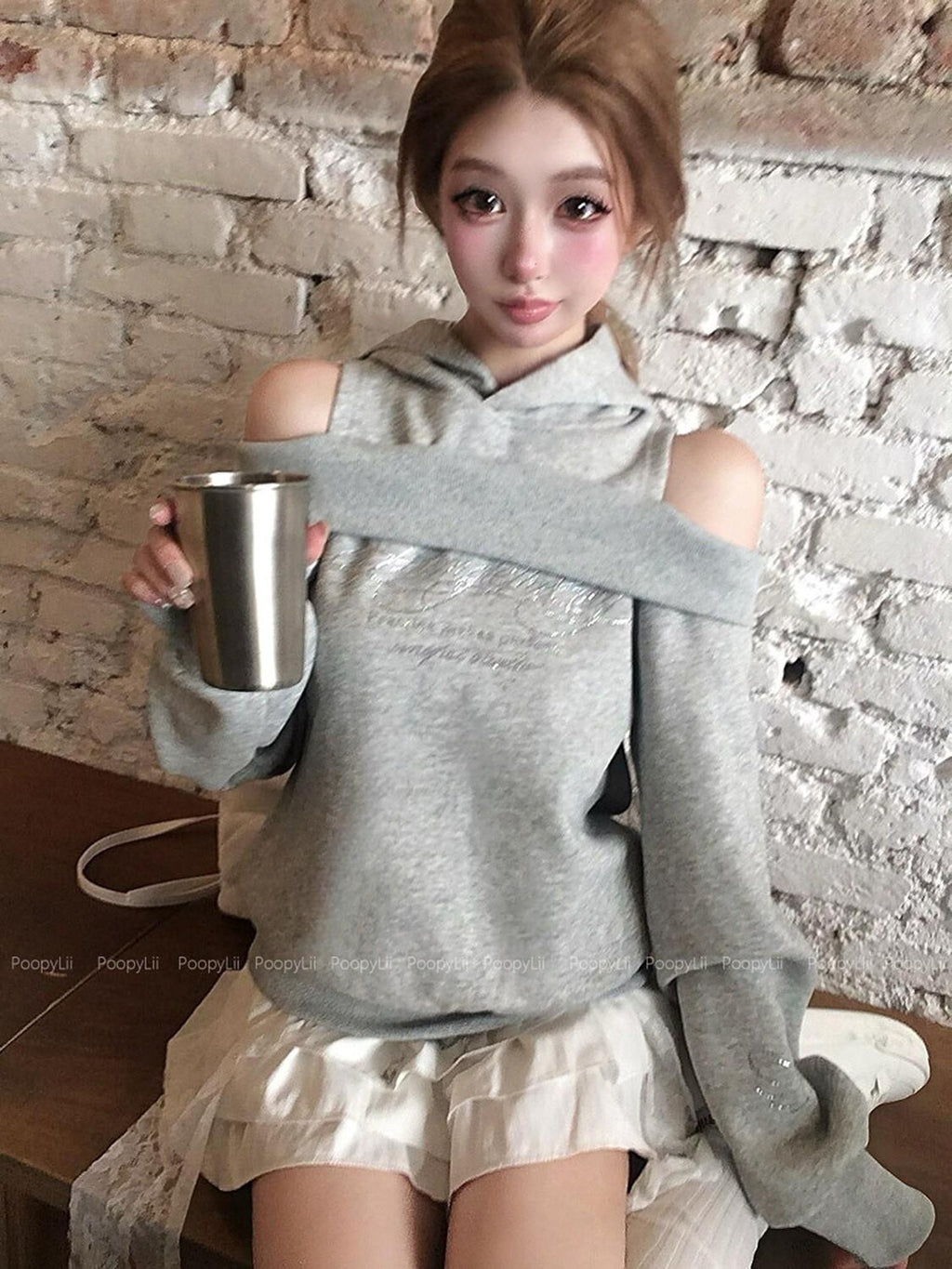 PoopyLii Midnight Mousse Off Shoulder Hooded Faux Layered Women's Long Sleeve T-shirts