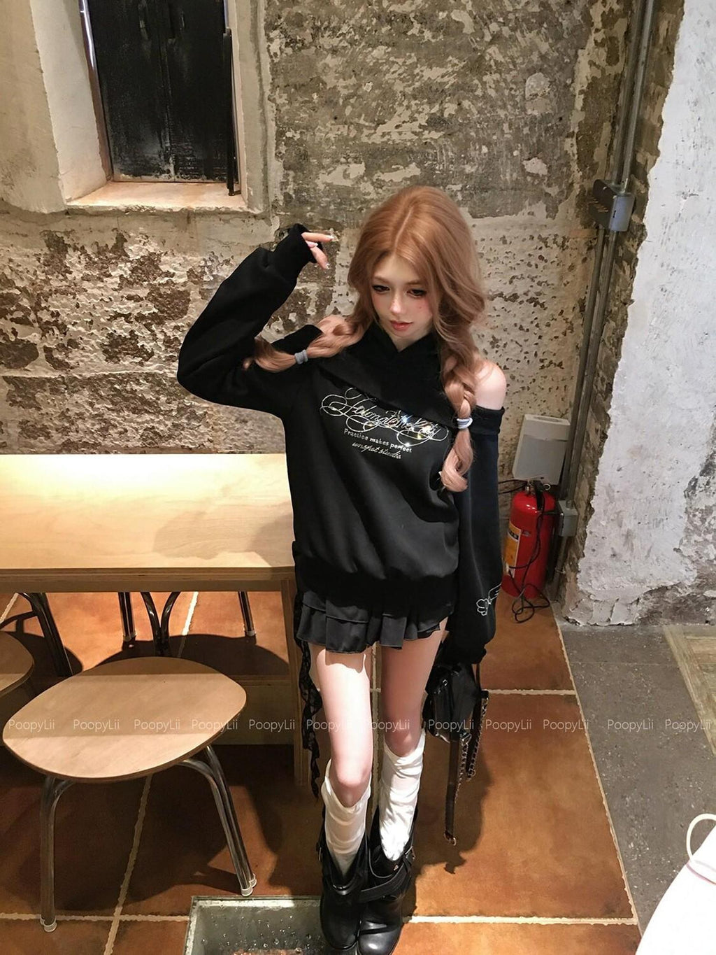 PoopyLii Midnight Mousse Off Shoulder Hooded Faux Layered Women's Long Sleeve T-shirts