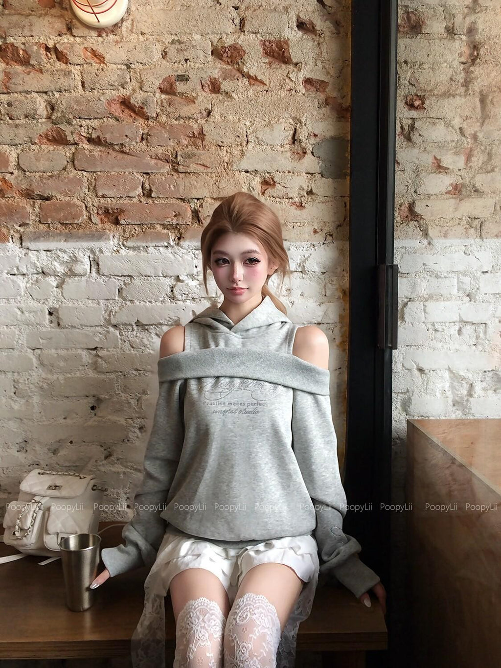 PoopyLii Midnight Mousse Off Shoulder Hooded Faux Layered Women's Long Sleeve T-shirts