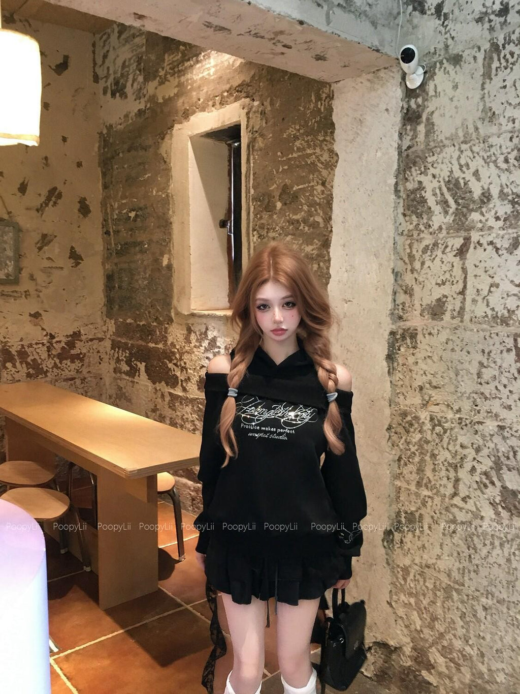 PoopyLii Midnight Mousse Off Shoulder Hooded Faux Layered Women's Long Sleeve T-shirts