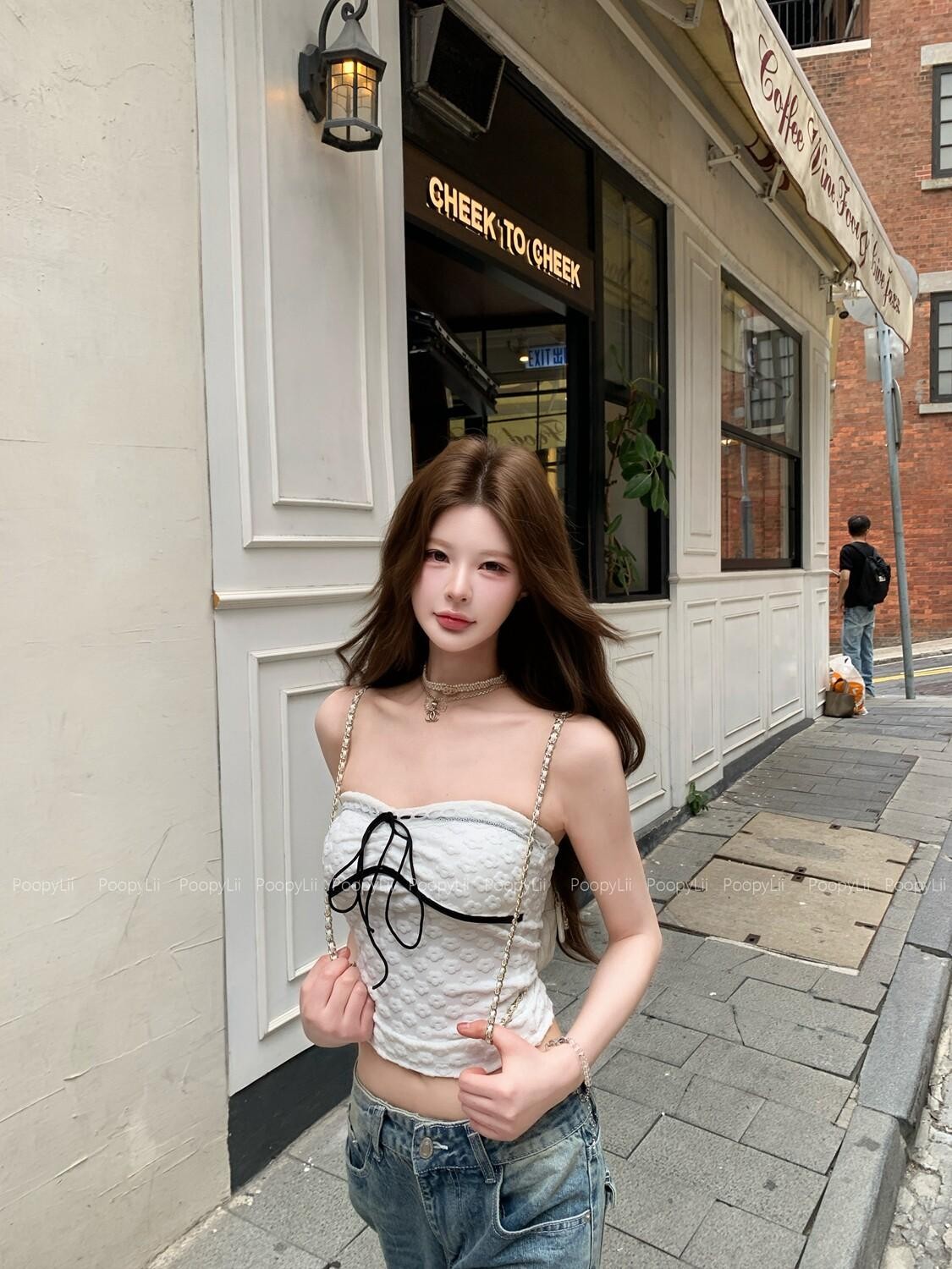 PoopyLii Milk White Floral Shadow Asymmetrical Tie Slim Fit Women's Tube Tops