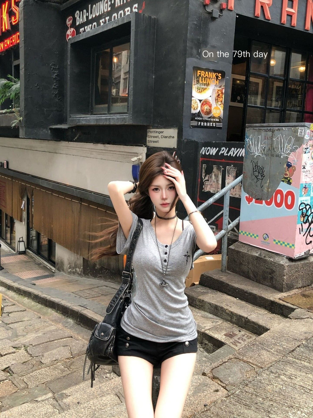 PoopyLii_Misty_Gray_V-neck_Cinched_Waist_Slim_Fit_Women's_Short_Sleeve_T-shirts_1047826277196_MISSTT