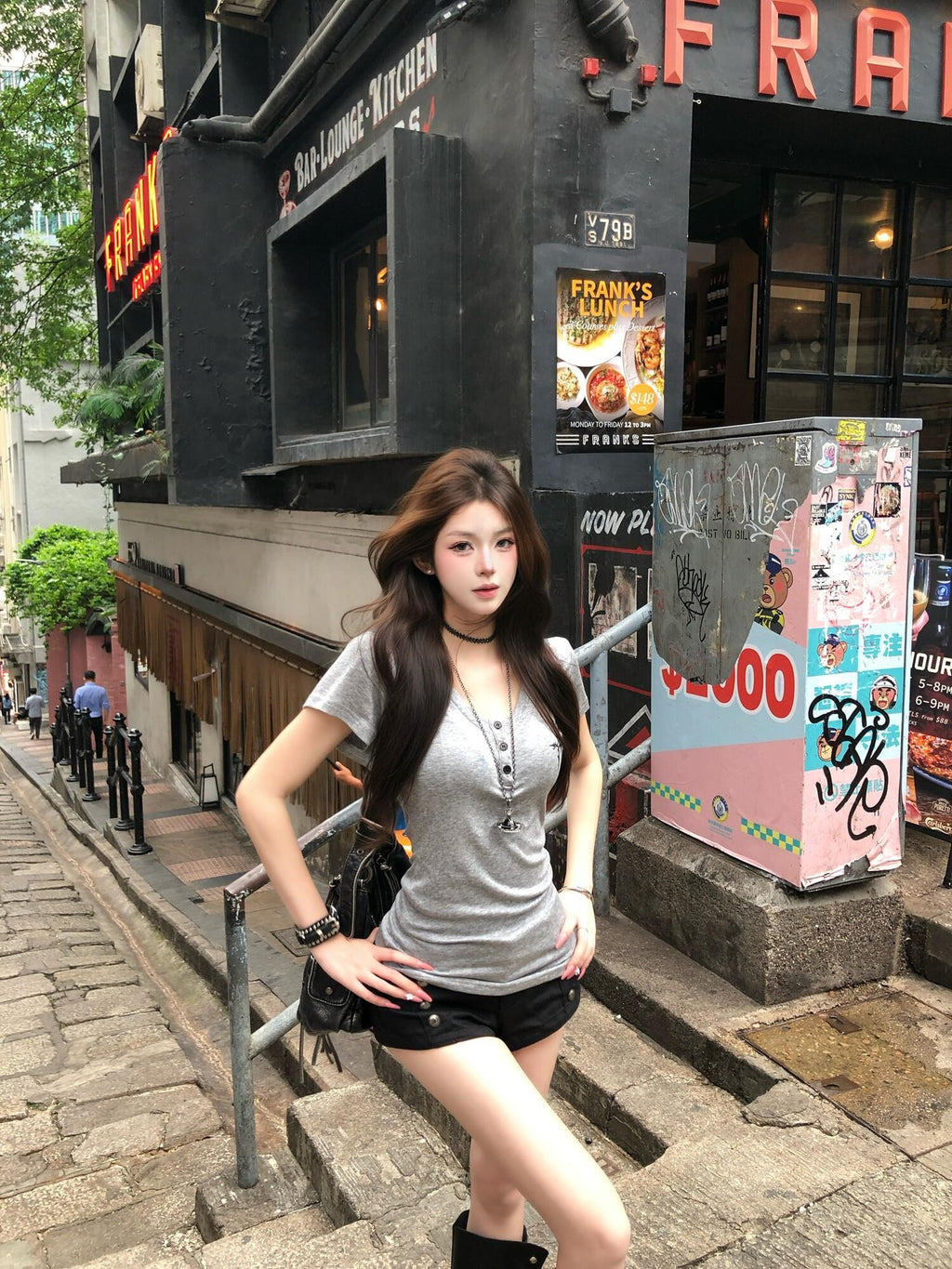 PoopyLii Misty Gray V-neck Cinched Waist Slim Fit Women's Short Sleeve T-shirts