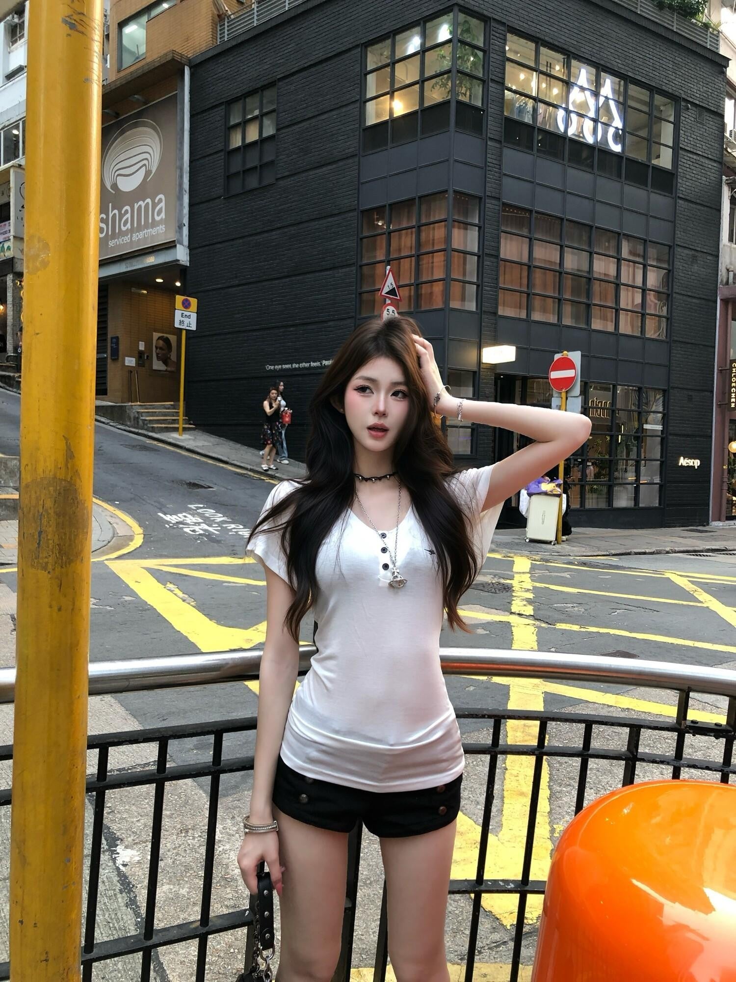 PoopyLii Misty Gray V-neck Cinched Waist Slim Fit Women's Short Sleeve T-shirts