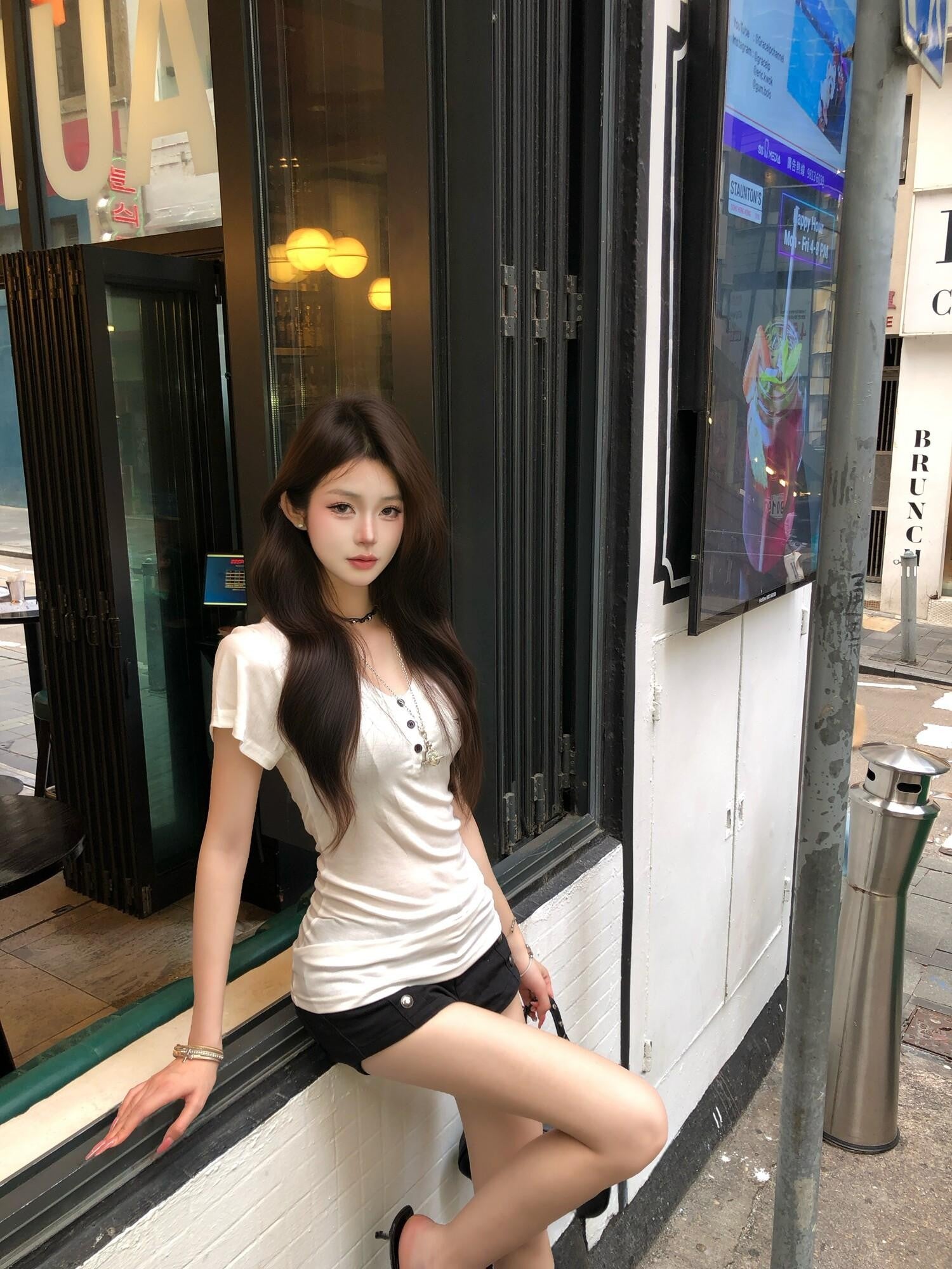 PoopyLii Misty Gray V-neck Cinched Waist Slim Fit Women's Short Sleeve T-shirts