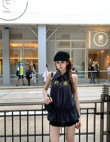 PoopyLii_Navy_Blue_Embroidered_Lapel_Drawstring_Women's_Cotton_Halter_Mini_Dresses_1058252652035_MISSTT