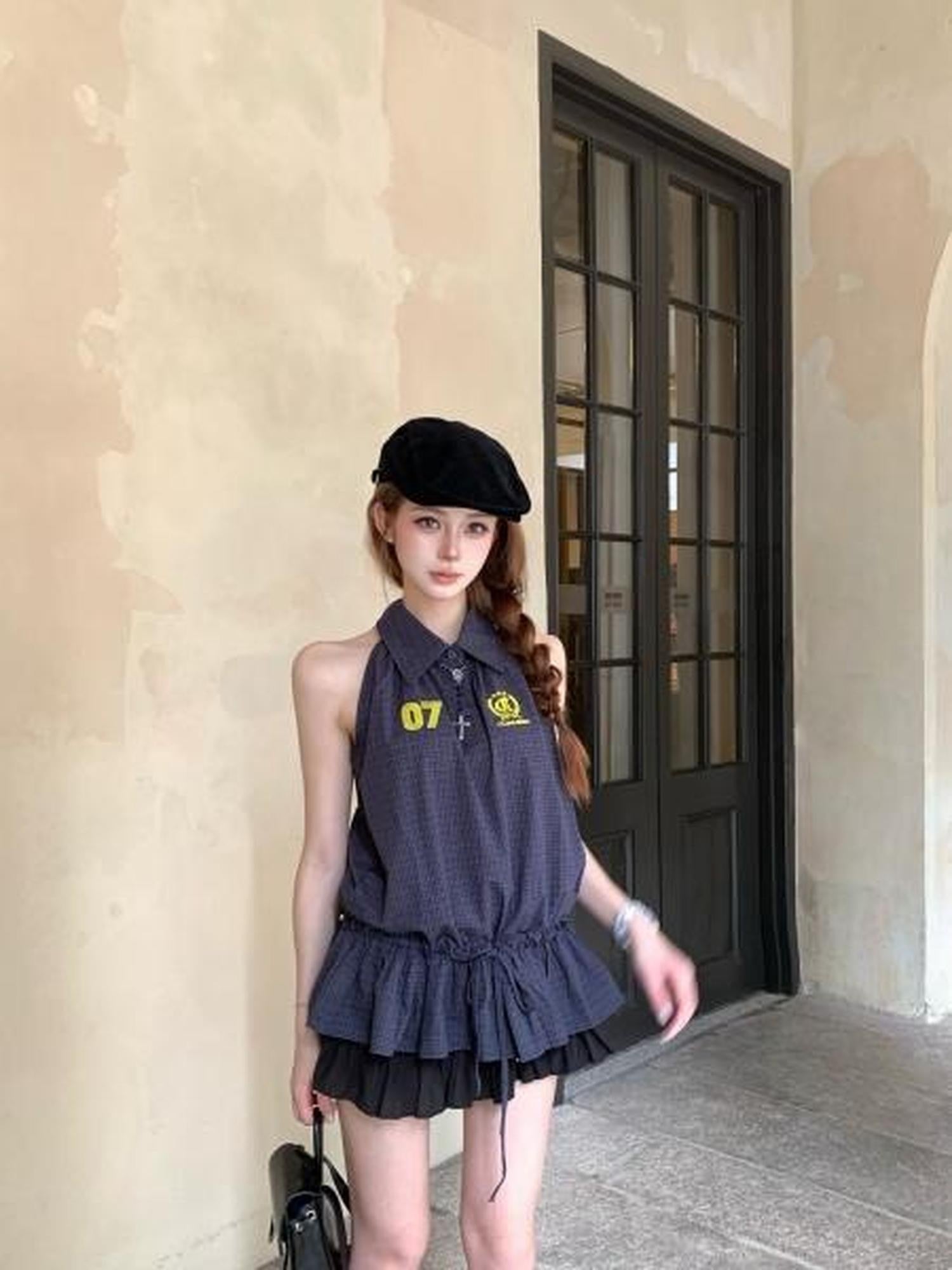 PoopyLii Navy Blue Embroidered Lapel Drawstring Women's Cotton Halter Mini Dresses