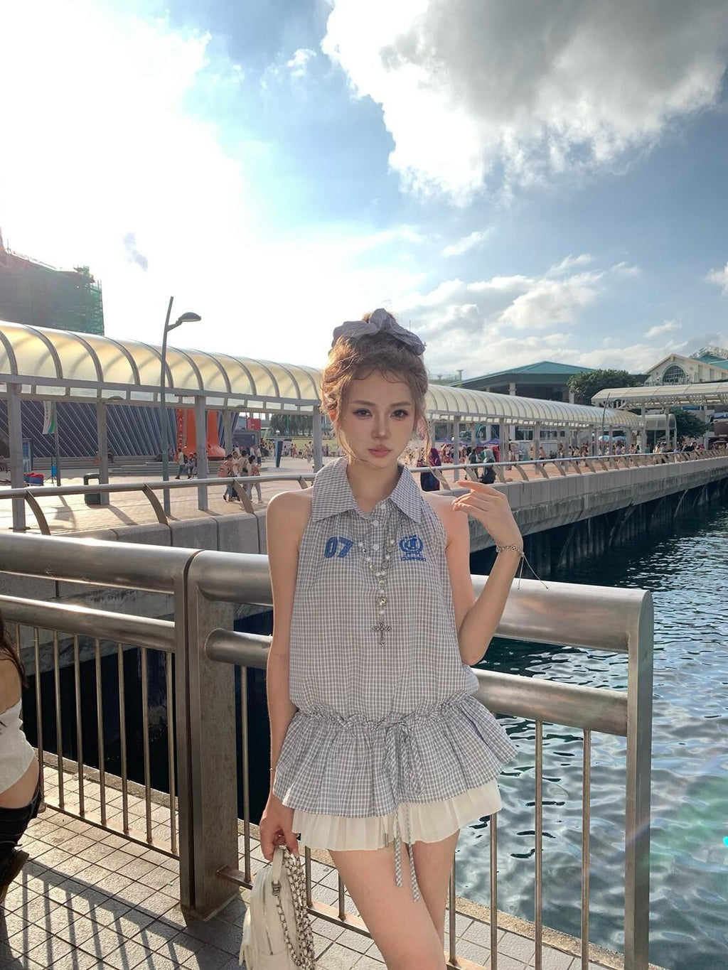PoopyLii Navy Blue Embroidered Lapel Drawstring Women's Cotton Halter Mini Dresses
