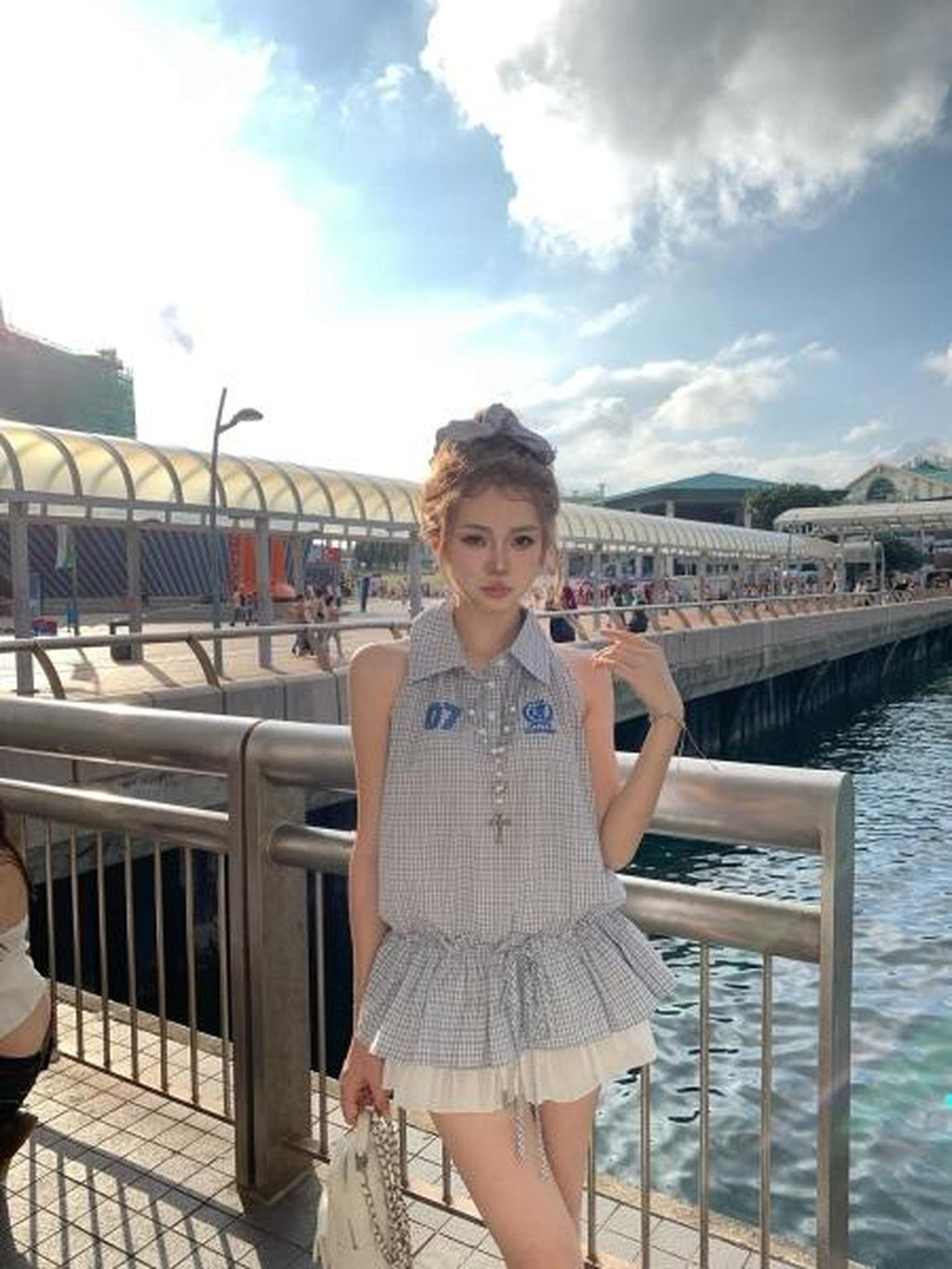 PoopyLii Navy Blue Embroidered Lapel Drawstring Women's Cotton Halter Mini Dresses