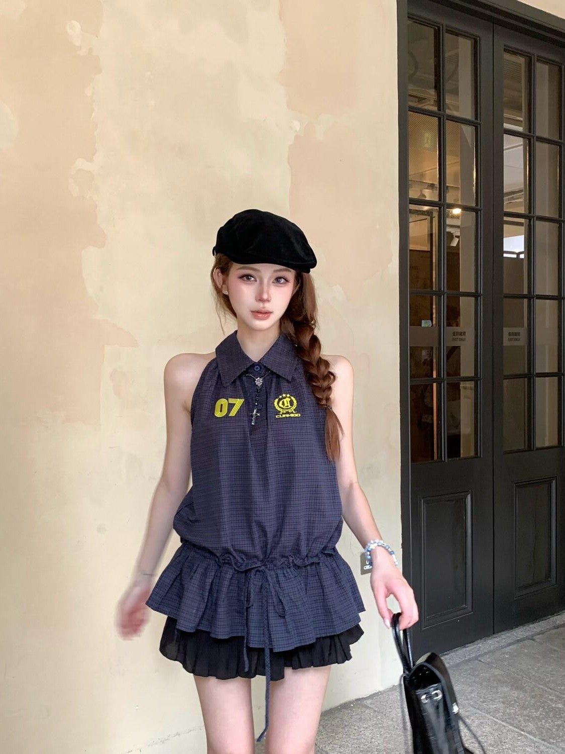 PoopyLii Navy Blue Embroidered Lapel Drawstring Women's Cotton Halter Mini Dresses