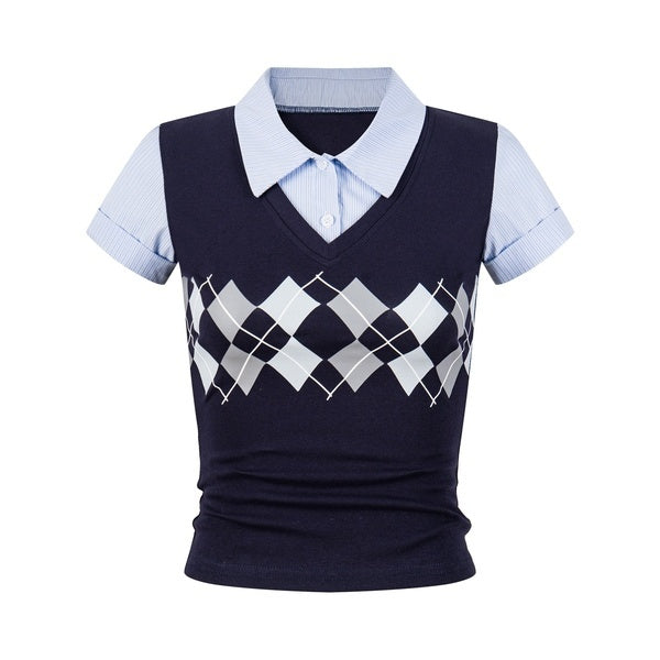 PoopyLii_Navy_Diamond_Spliced_Lapel_Mock_Two_Piece_Women's_Cotton_Spandex_Crop_Tops_1056095602718_MISSTT