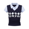 PoopyLii_Navy_Diamond_Spliced_Lapel_Mock_Two_Piece_Women's_Cotton_Spandex_Crop_Tops_1056095602718_MISSTT