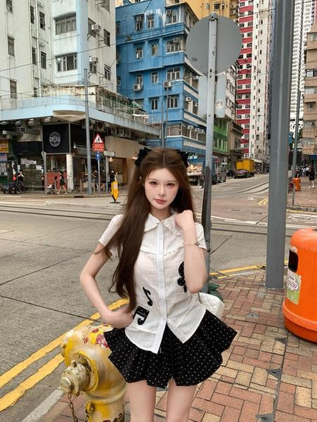 PoopyLii Note Embroidered Doll Collar Waist Cinch Women's Polyester Blouses