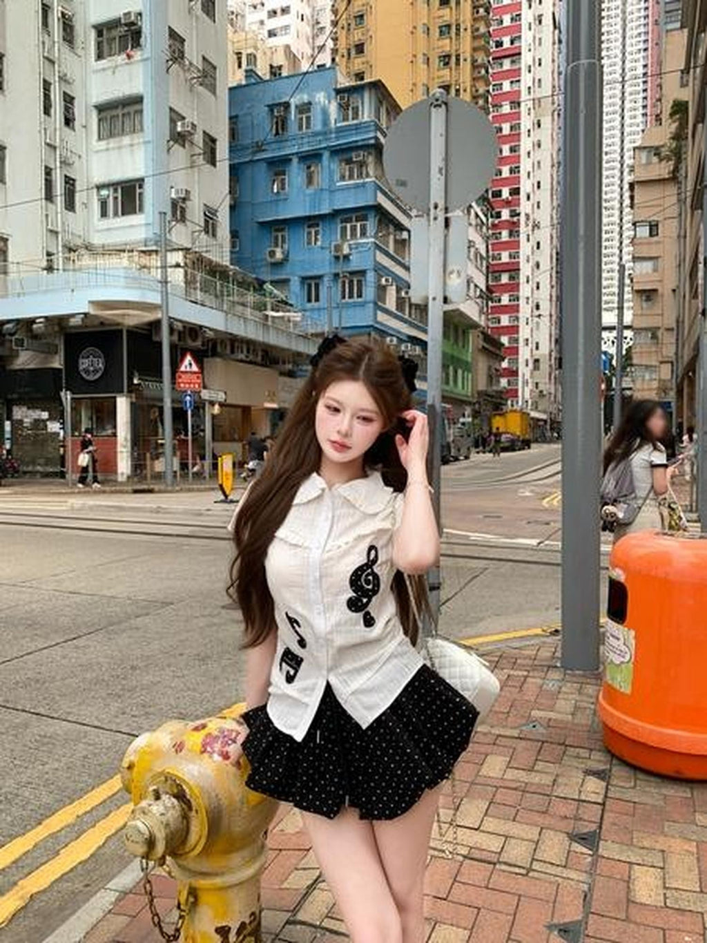 PoopyLii Note Embroidered Doll Collar Waist Cinch Women's Polyester Blouses