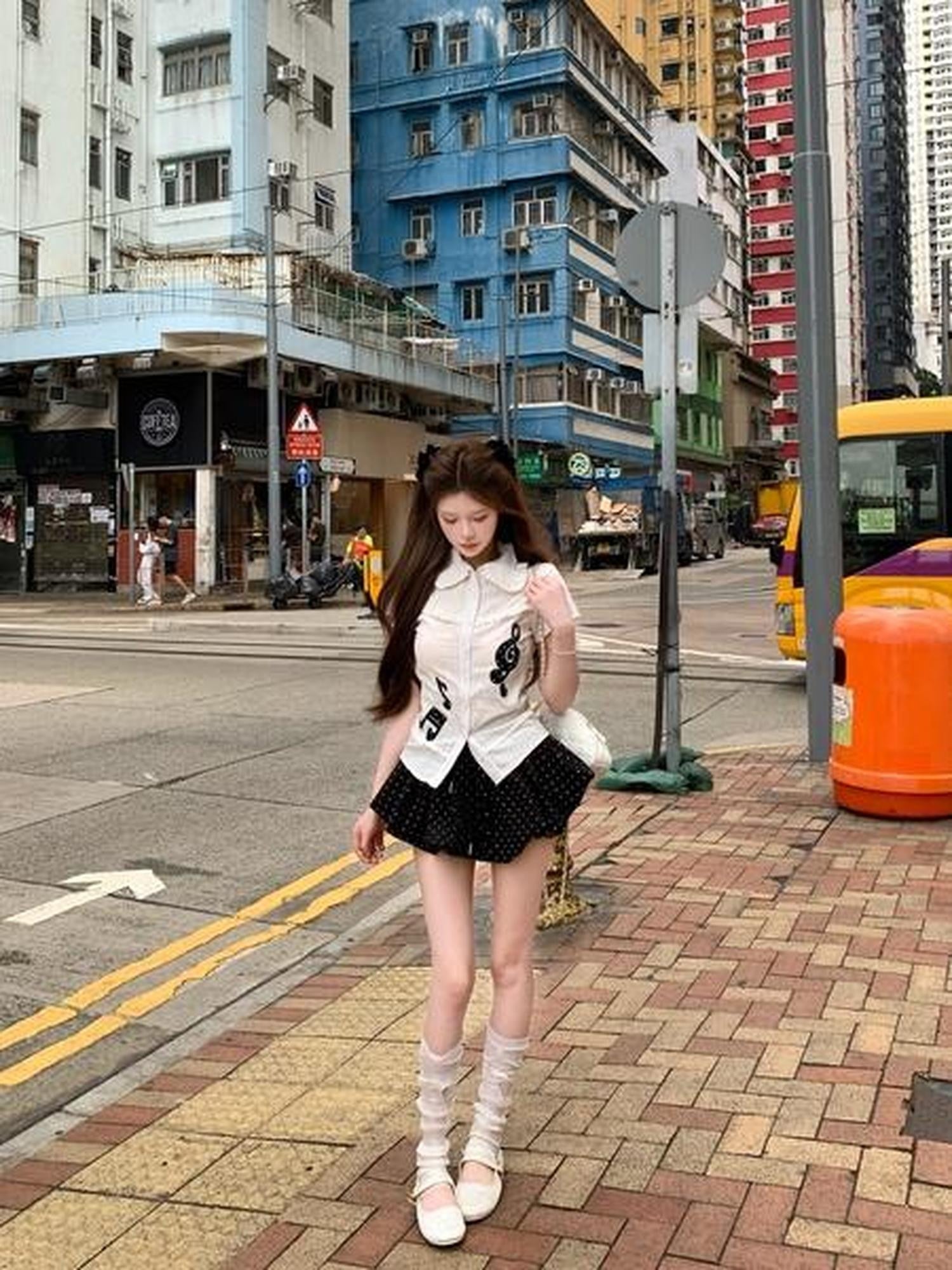PoopyLii Note Embroidered Doll Collar Waist Cinch Women's Polyester Blouses