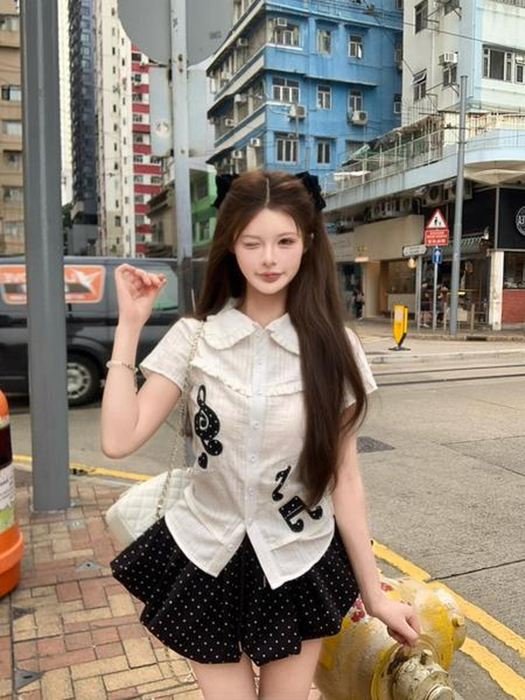 PoopyLii Note Embroidered Doll Collar Waist Cinch Women's Polyester Blouses