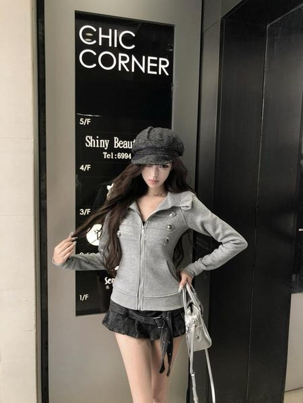 PoopyLii Palace Metal Button Slim Short Women's Cotton Blend Zip-up Hoodies