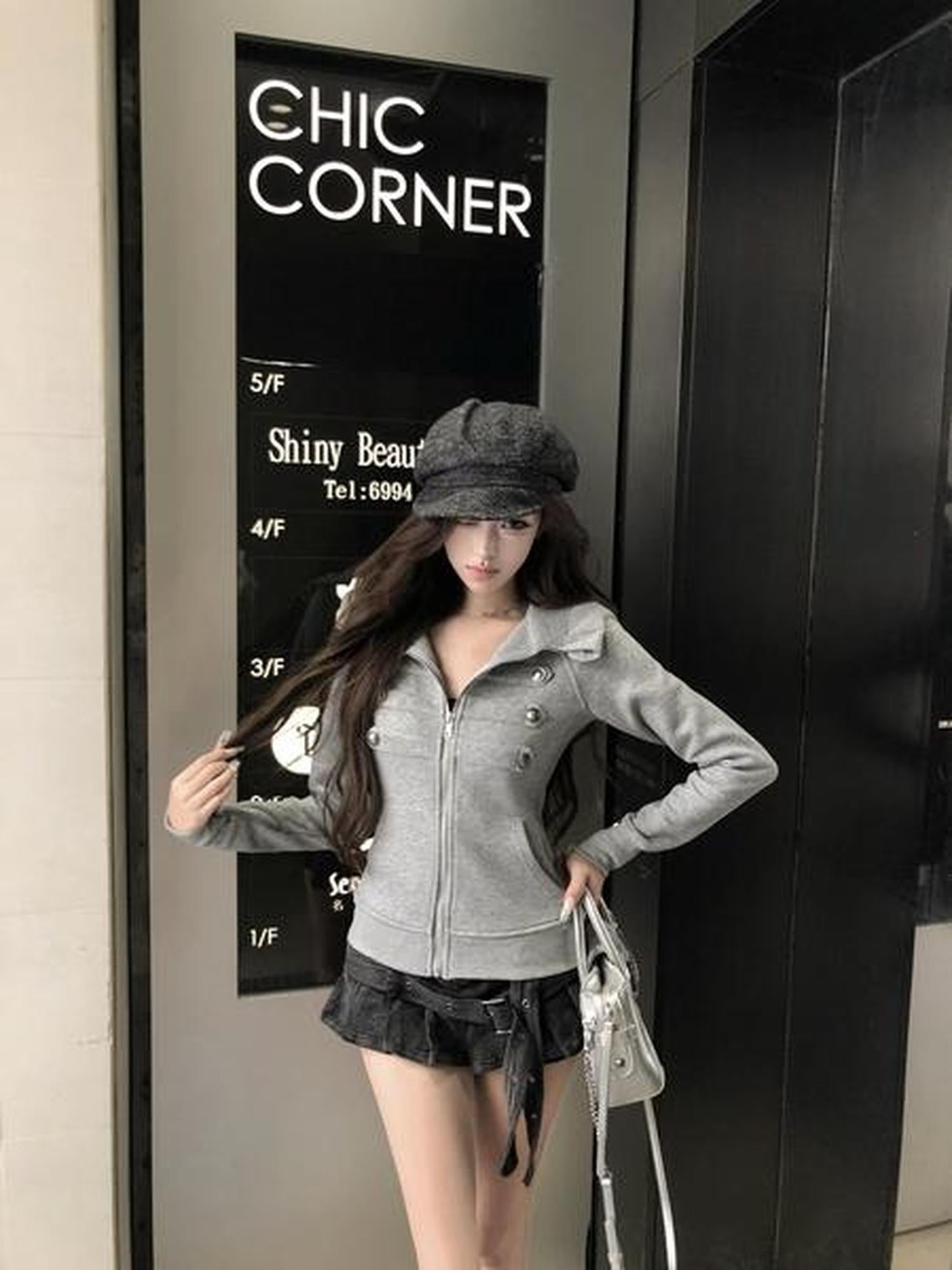 PoopyLii Palace Metal Button Slim Short Women's Cotton Blend Zip-up Hoodies
