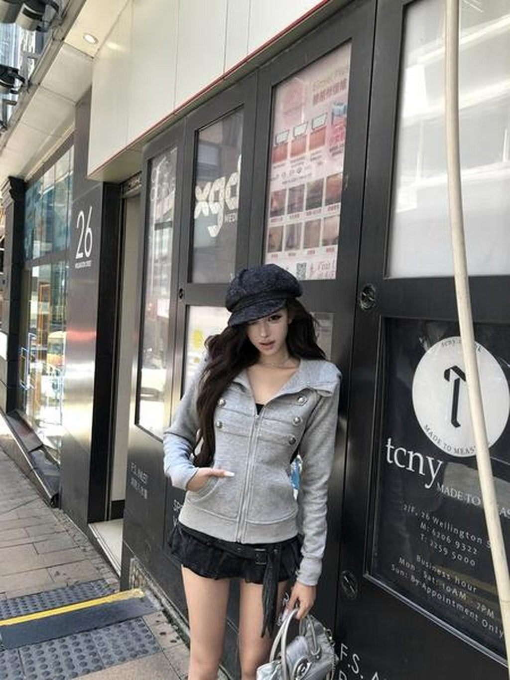 PoopyLii Palace Metal Button Slim Short Women's Cotton Blend Zip-up Hoodies