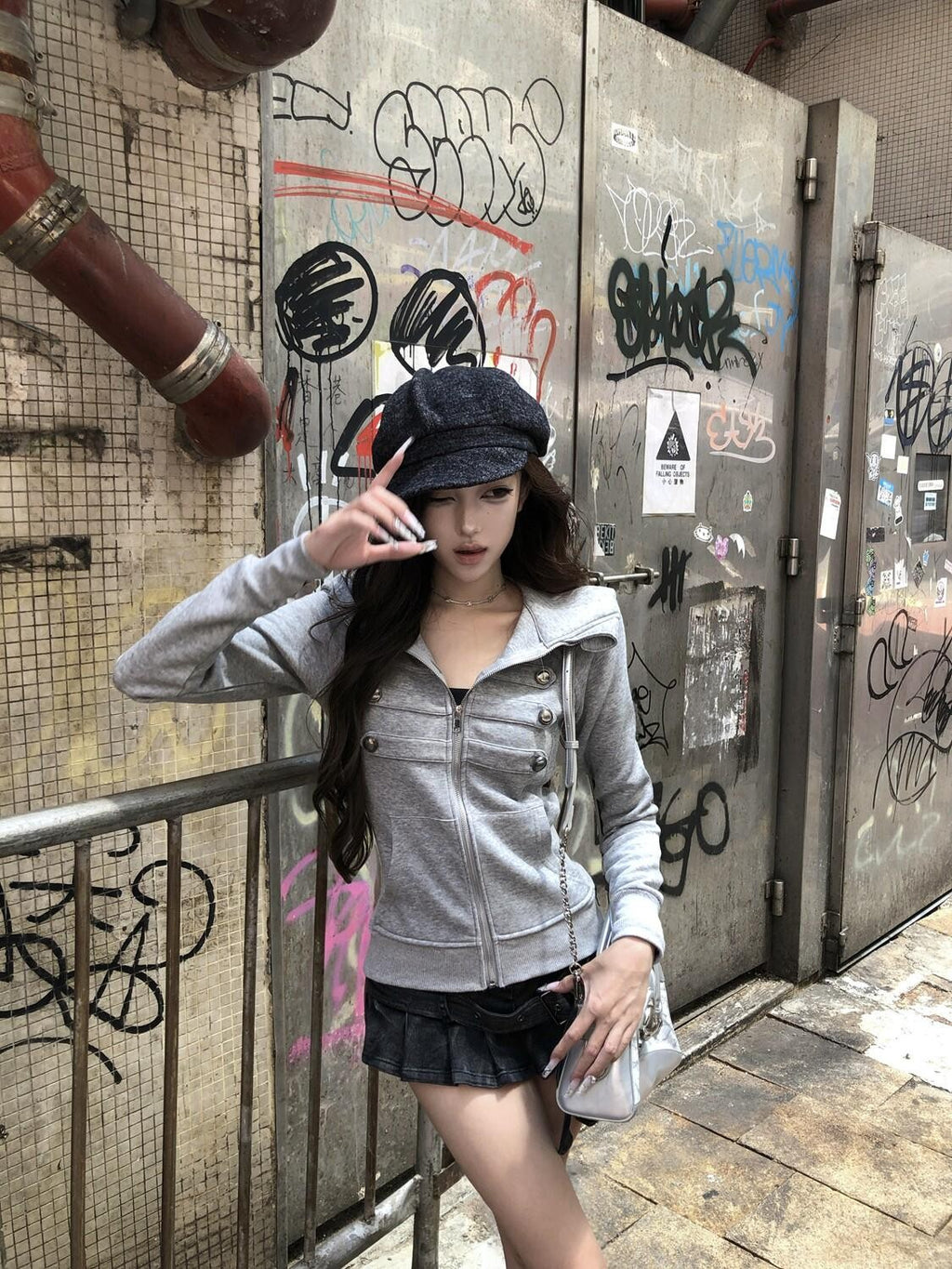 PoopyLii Palace Metal Button Slim Short Women's Cotton Blend Zip-up Hoodies