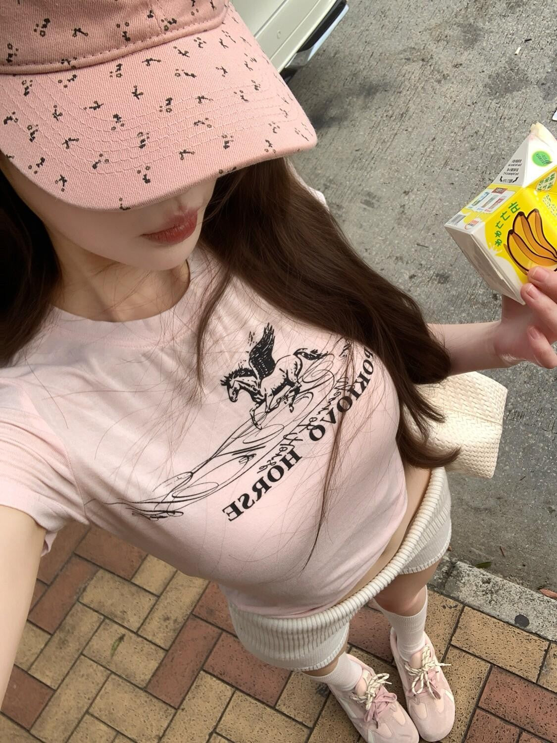 PoopyLii Pink Peach Pegasus Vintage Slim Fit Cropped Short Sleeve Women's Crop Tops