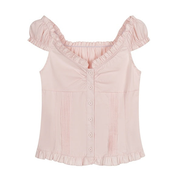 PoopyLii_Pink_Ruching_Ruffle_One_Line_Collar_Spliced_Cotton_Women's_Tube_Tops_1056124638375_MISSTT