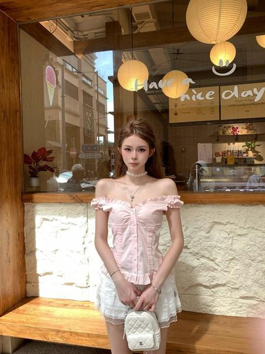 PoopyLii Pink Ruching Ruffle One Line Collar Spliced Cotton Women's Tube Tops