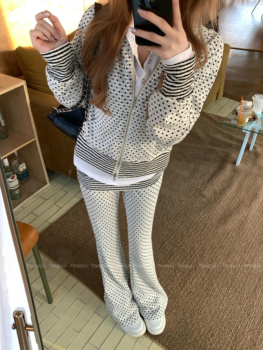 PoopyLii Polka Dot Hooded Zip Spliced Slim Fit Micro Flare Women's Cotton Blend Tracksuit Sets