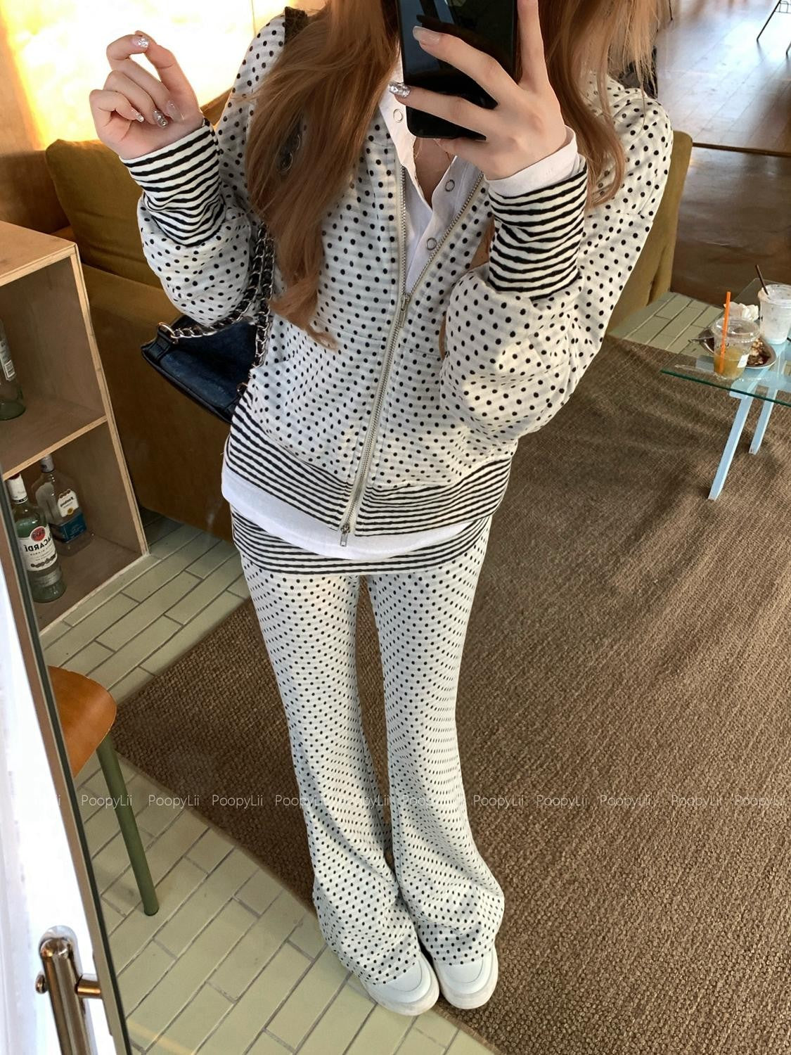 PoopyLii Polka Dot Hooded Zip Spliced Slim Fit Micro Flare Women's Cotton Blend Tracksuit Sets
